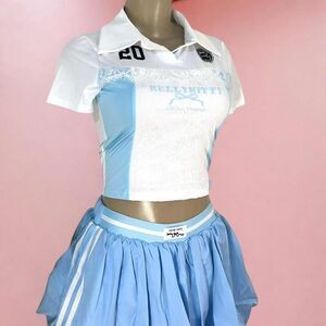 Blue Y2K Sporty Skirt Set | Polo Crop Top & Bubble Mini Skirt Size L